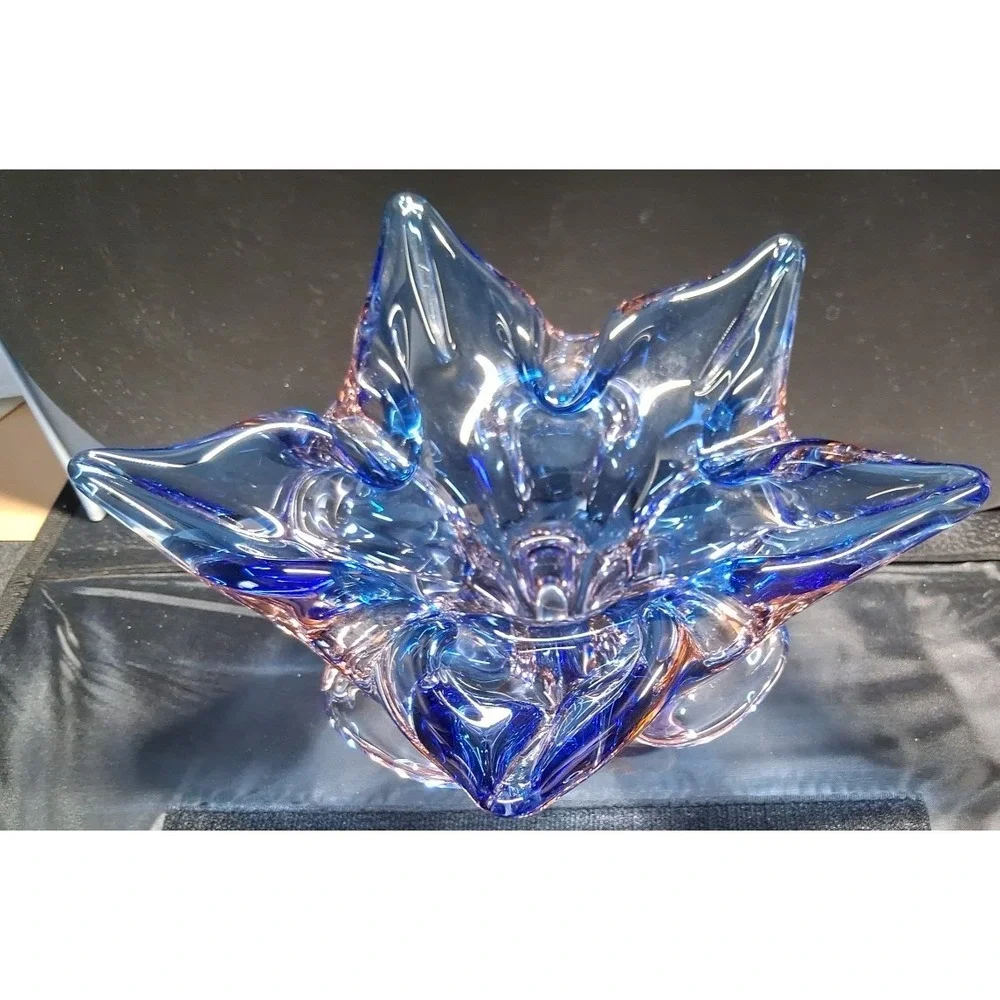 Vintage Murano Sommerso Art Glass Candle Holder, Blue, Clear with Pink Tint